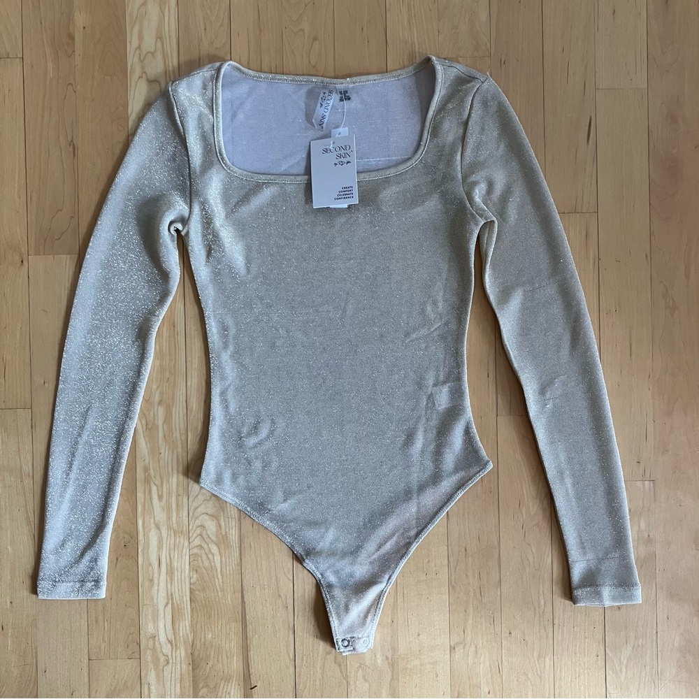 NEW Second Skin metallic gold bodysuit squareneck XS Extra-Small